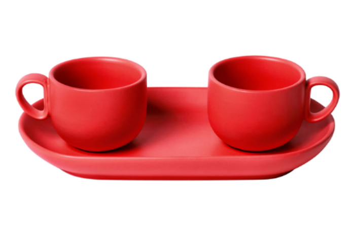 Set 2 coffee cups with tray Red
