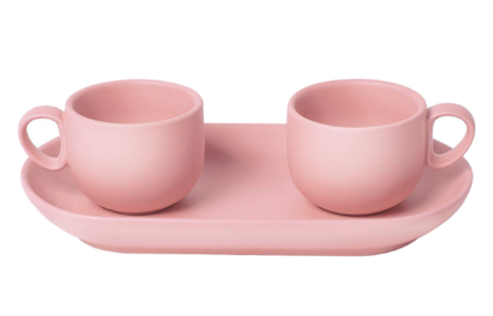 Set 2 coffee cups with tray Pink