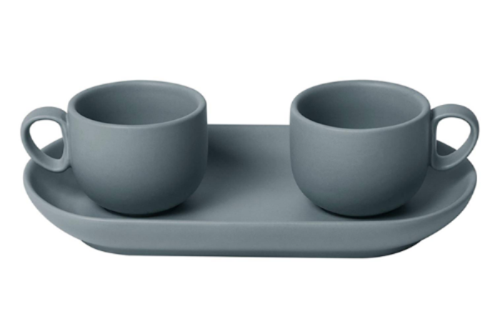 Set 2 coffee cups with tray Grey