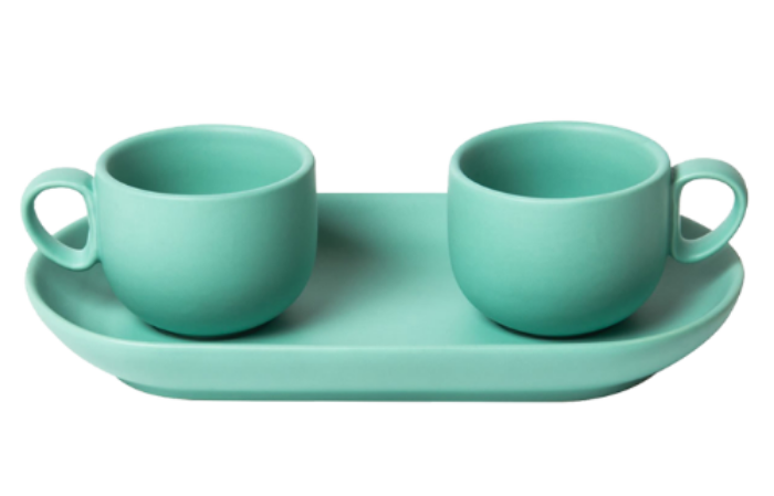 Set 2 coffee cups with tray Turquoise